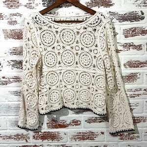 Ultra Pink Crochet Top Boho Long Sleeve Beachy Bohemian Ivory Cream Sz S